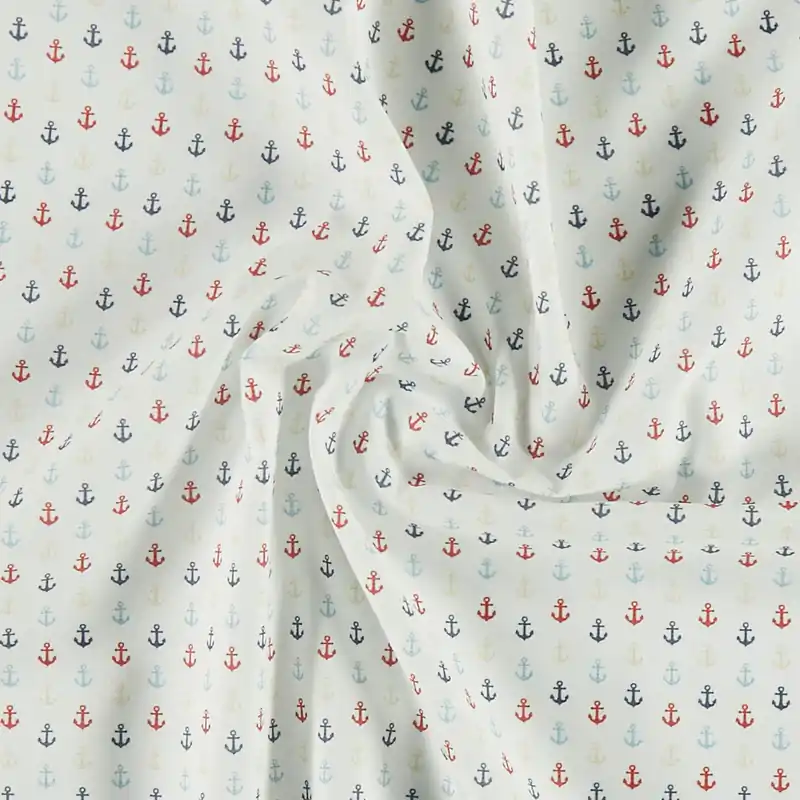 100 % gewebte Baumwolle, weiß mit Ankern in Blau Rot Weiß Neue Kollektion