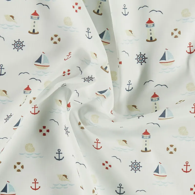 100 % gewebte Baumwolle, weiß mit maritimem Print Kostenloser Versand