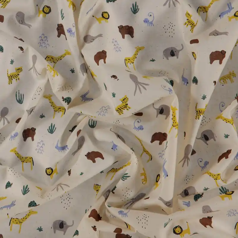 100 % gewebte Bio-Baumwolle, natur mit Safaritieren Neue Ware